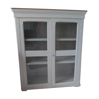 Showcase, bookcase, vintage pearl grey patinated cupboard, wooden top.