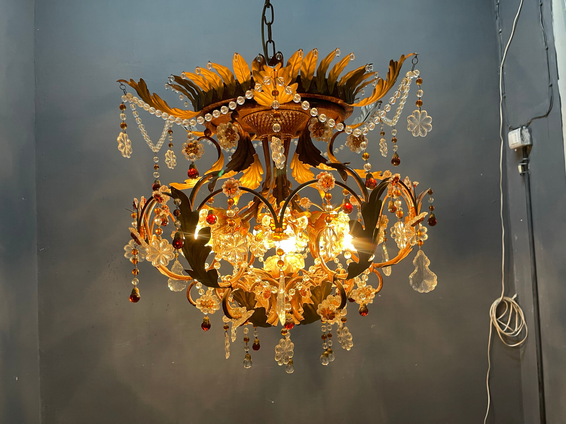 Italian Tole Murano Glass Chandelier 1960’s 