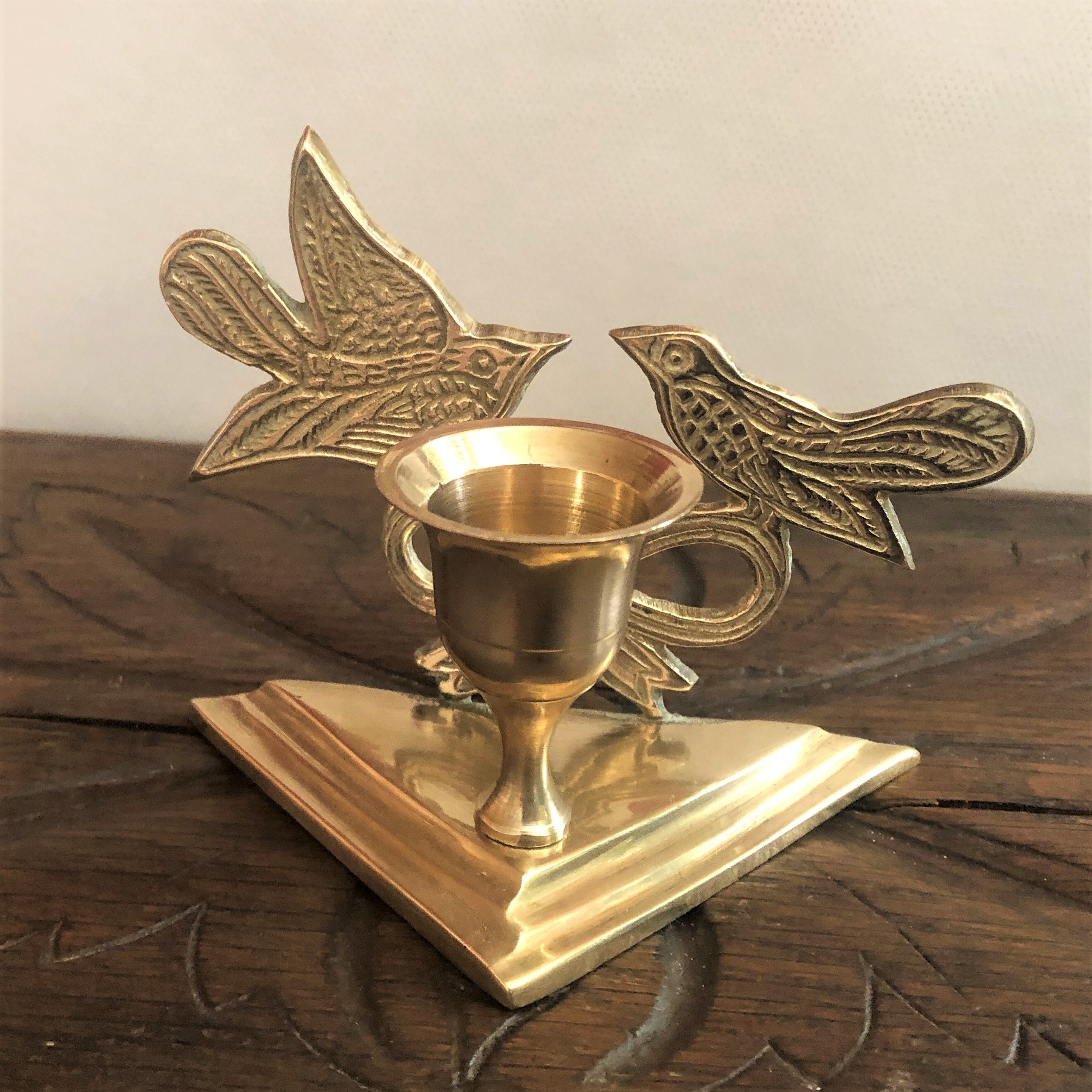 Bougeoir laiton doré décor oiseaux