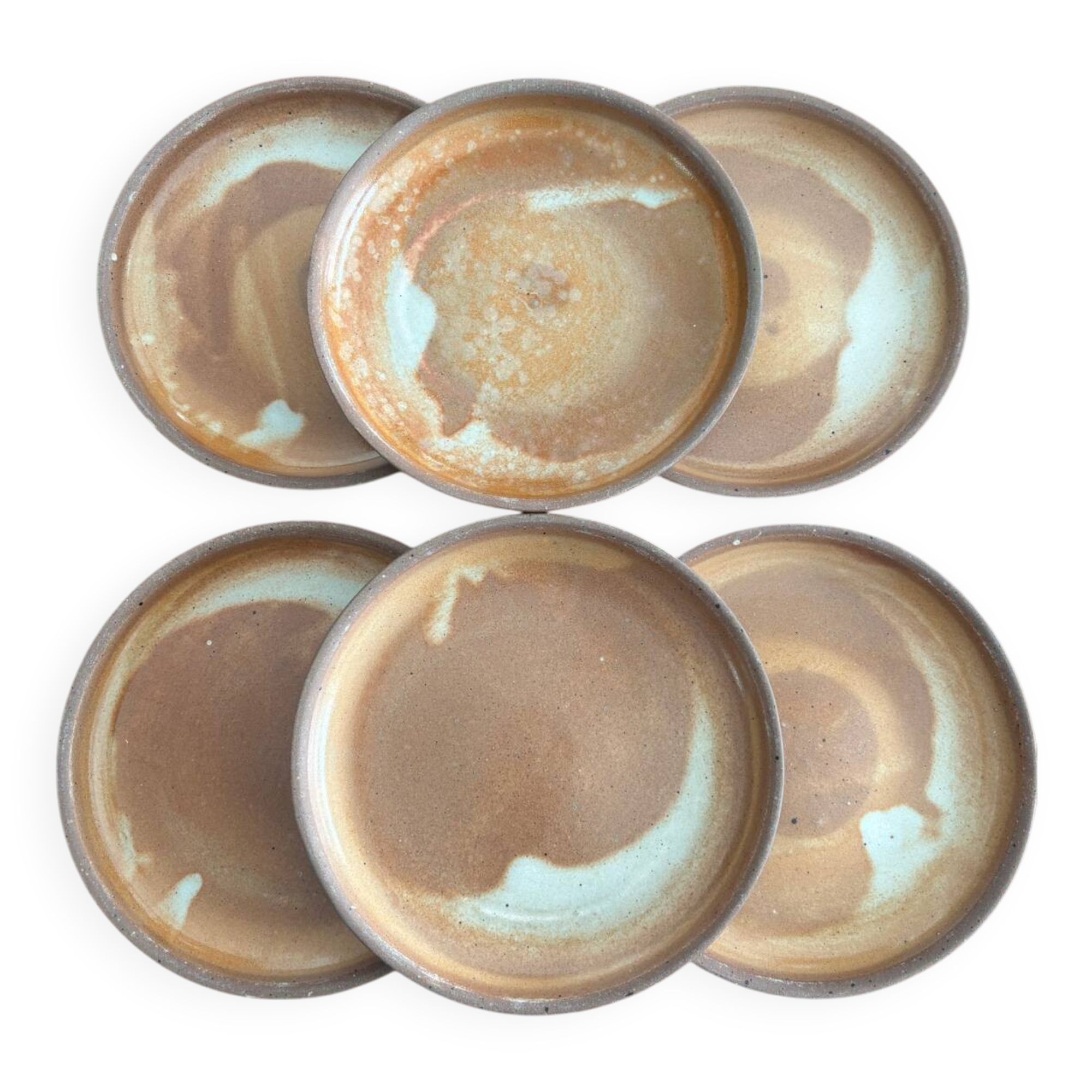 Lot assiette à dessert en grès vintage 1970 beige artisanale