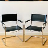 Pair of tubular armchairs in metal and leather Style Marcel Breuer