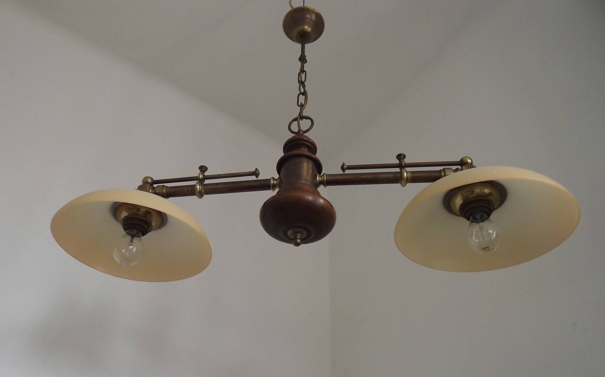 2 Light French Mid Century Extendable Billiard Light In Brass Wood & Glass