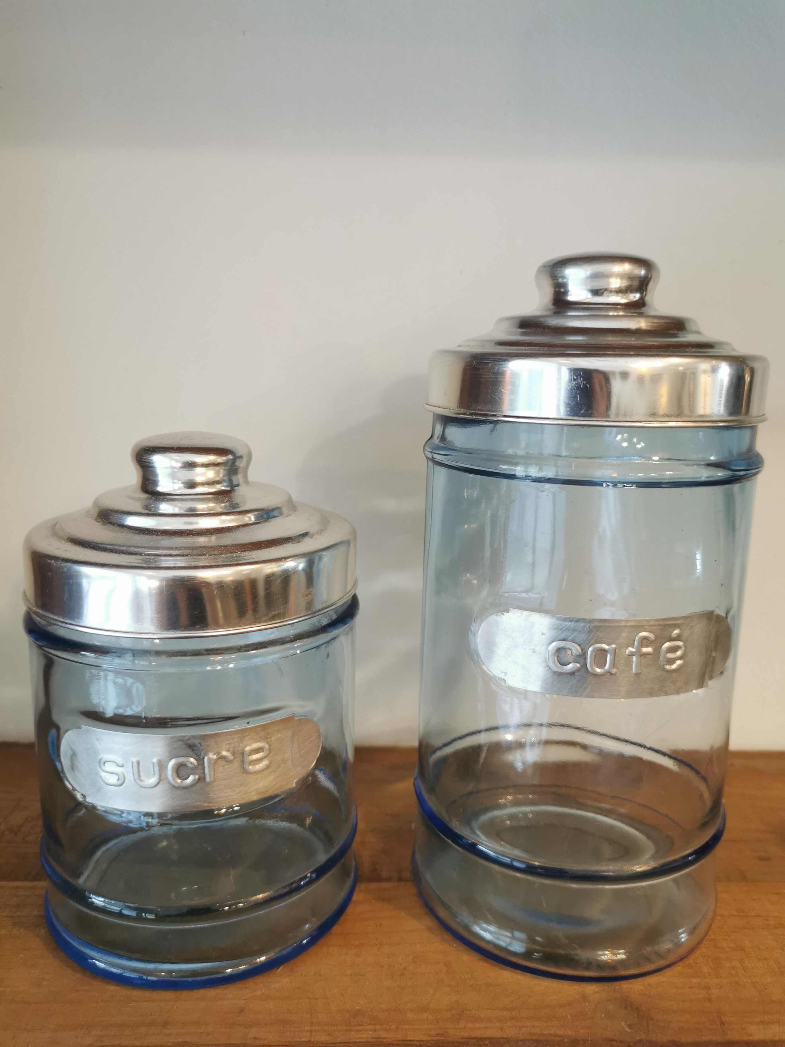 Coffee and sugar jars in blue glass and aluminum