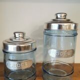 Coffee and sugar jars in blue glass and aluminum