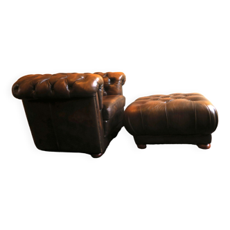 Chesterfield club armchair with ottoman in chestnut-coloured leather