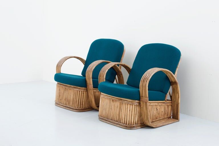 Set of 2 rattan chairs in green wool Italy 1950