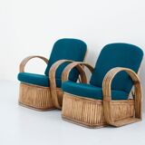 Set of 2 rattan chairs in green wool Italy 1950