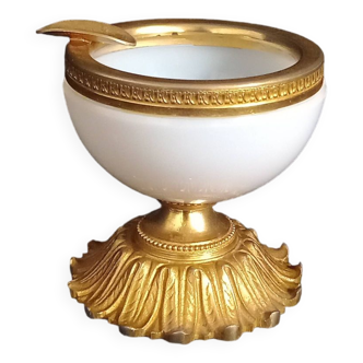 Small Old Ashtray In White Opaline Glass With Gilt Bronze Foot and Rim
