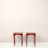 Pair of red metal and wood stools