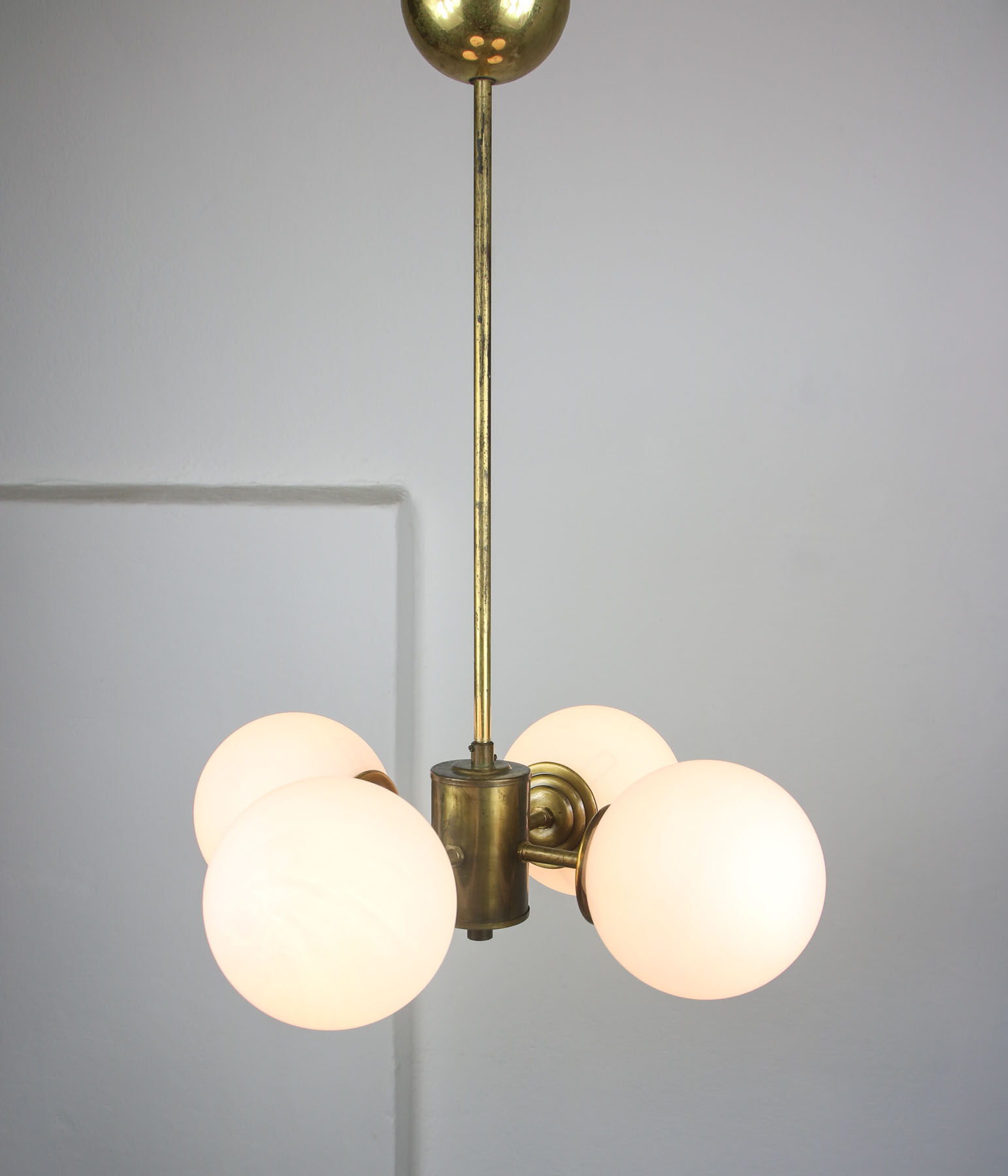 Mid-century Brass and Opaline Chandelier