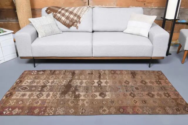 Vintage Turkish Hand-Knotted Wool Cotton Brown Runner 94x203