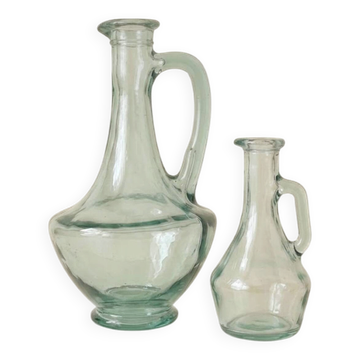 Lot de 2 carafes / burette à huile ou vinaigrier en verre vintage