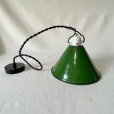 Industrial suspension conical metal green enamelled tole vintage