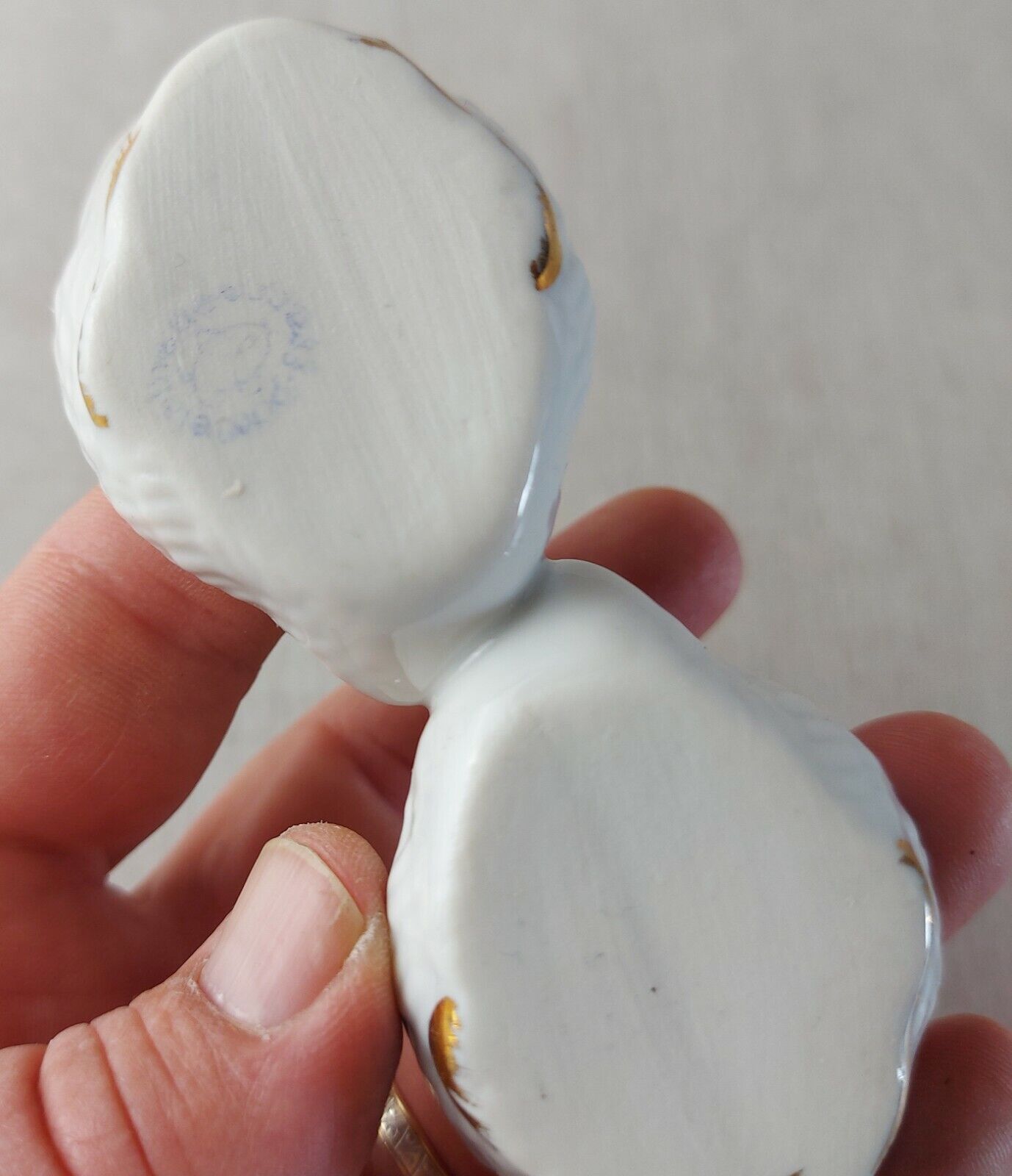 Old porcelain saleron, swan shape, gilded decoration, France porcelain