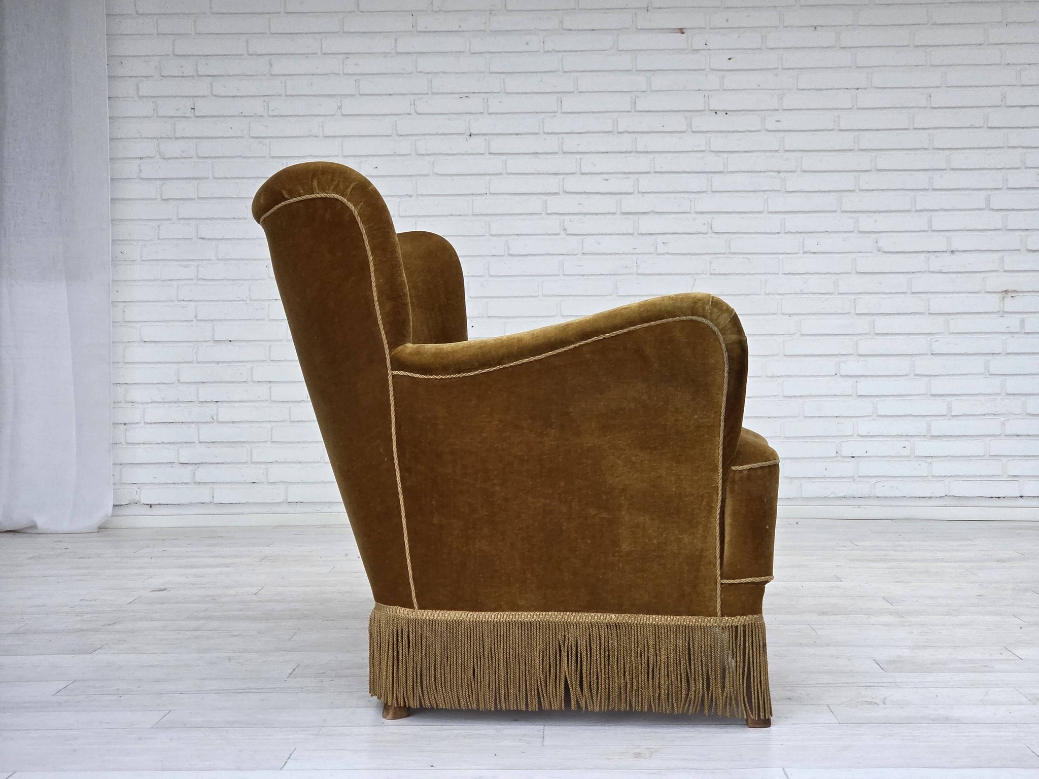 1960s, Danish 3-seater sofa, honey-yellow furniture velour, beech wood.
