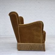 1960s, Danish 3-seater sofa, honey-yellow furniture velour, beech wood.