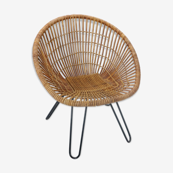 Midcentury basket woven lounge chair with hairpin metal legs, 1950s