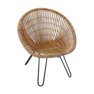 Midcentury basket woven lounge chair with hairpin metal legs, 1950s
