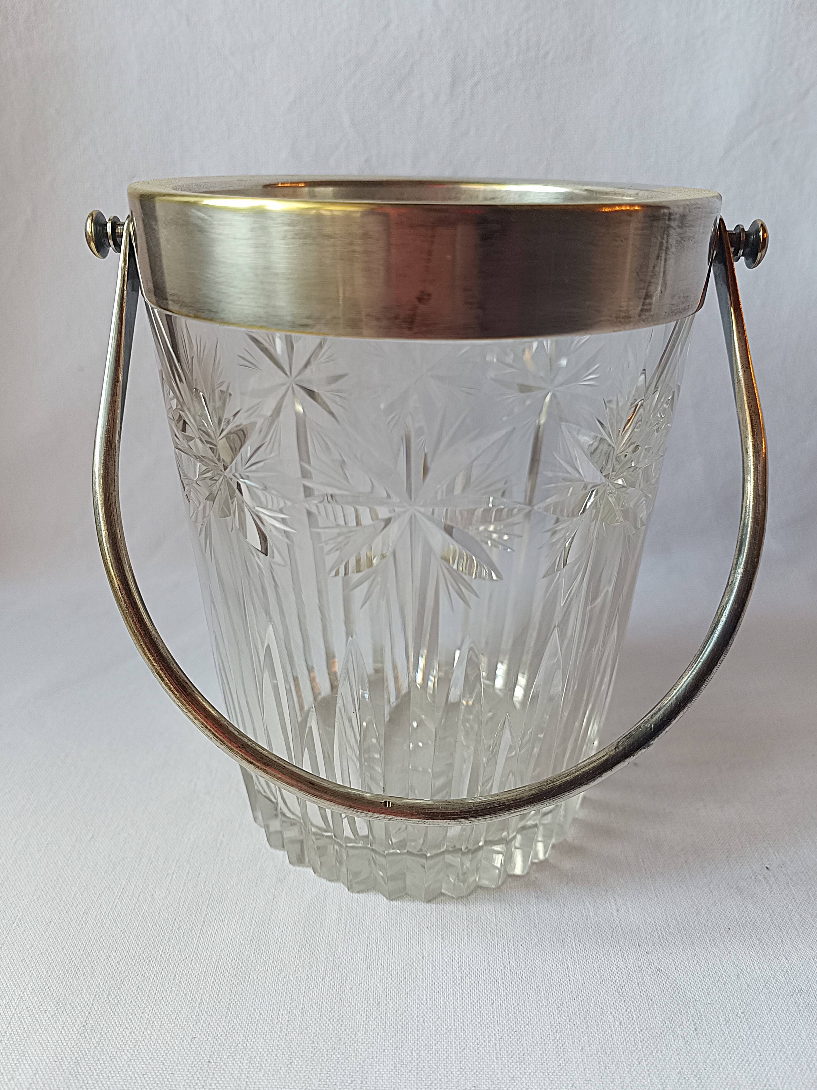 Cut crystal ice bucket, silver-plated metal, marked, cooler service.