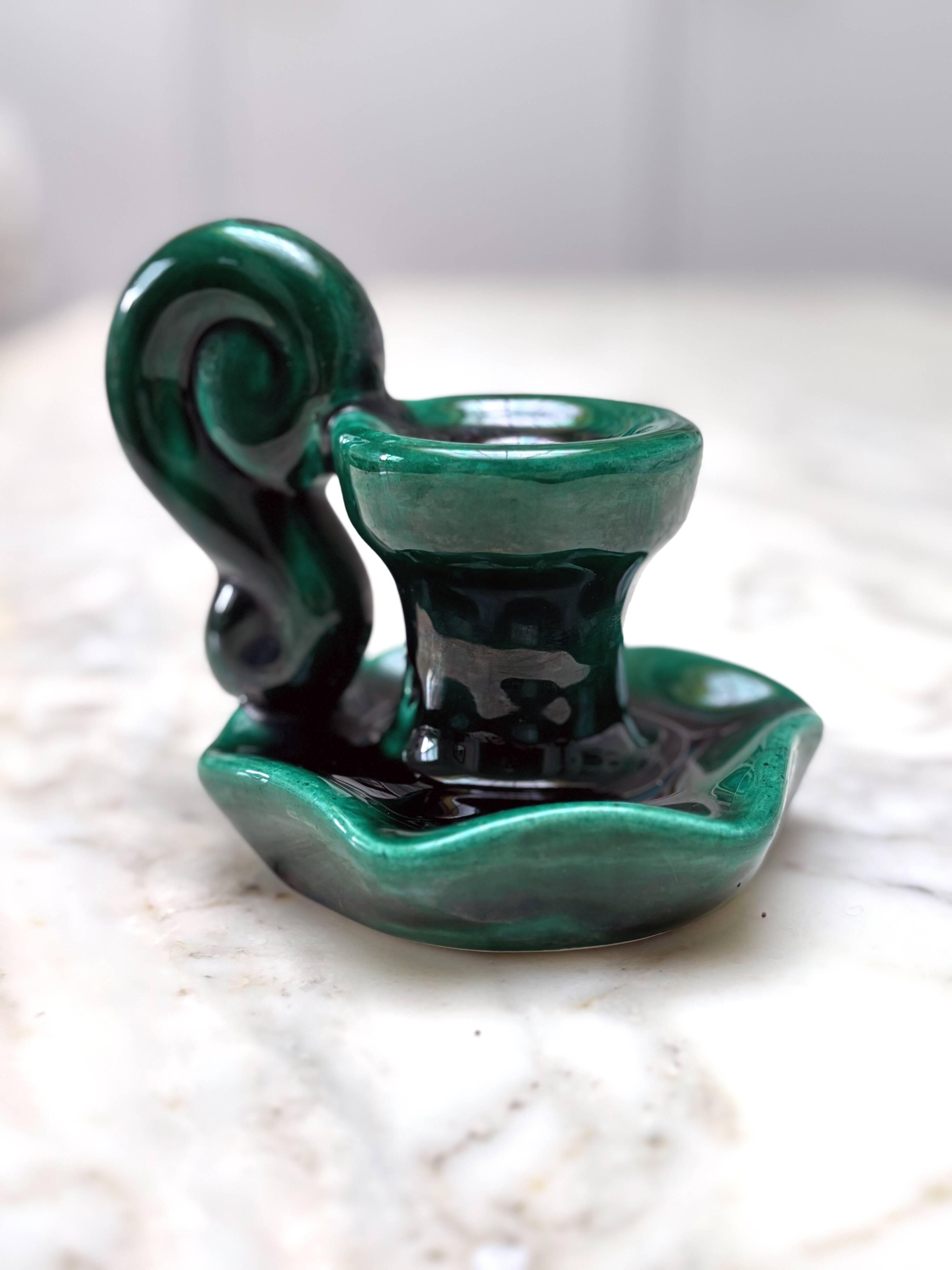 Beautiful vintage candle holder in green slip – glazed ceramic