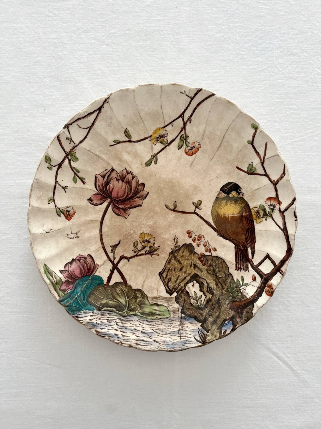 Antique polychrome ironstone plate with bird motif "Aquatic" SF&co