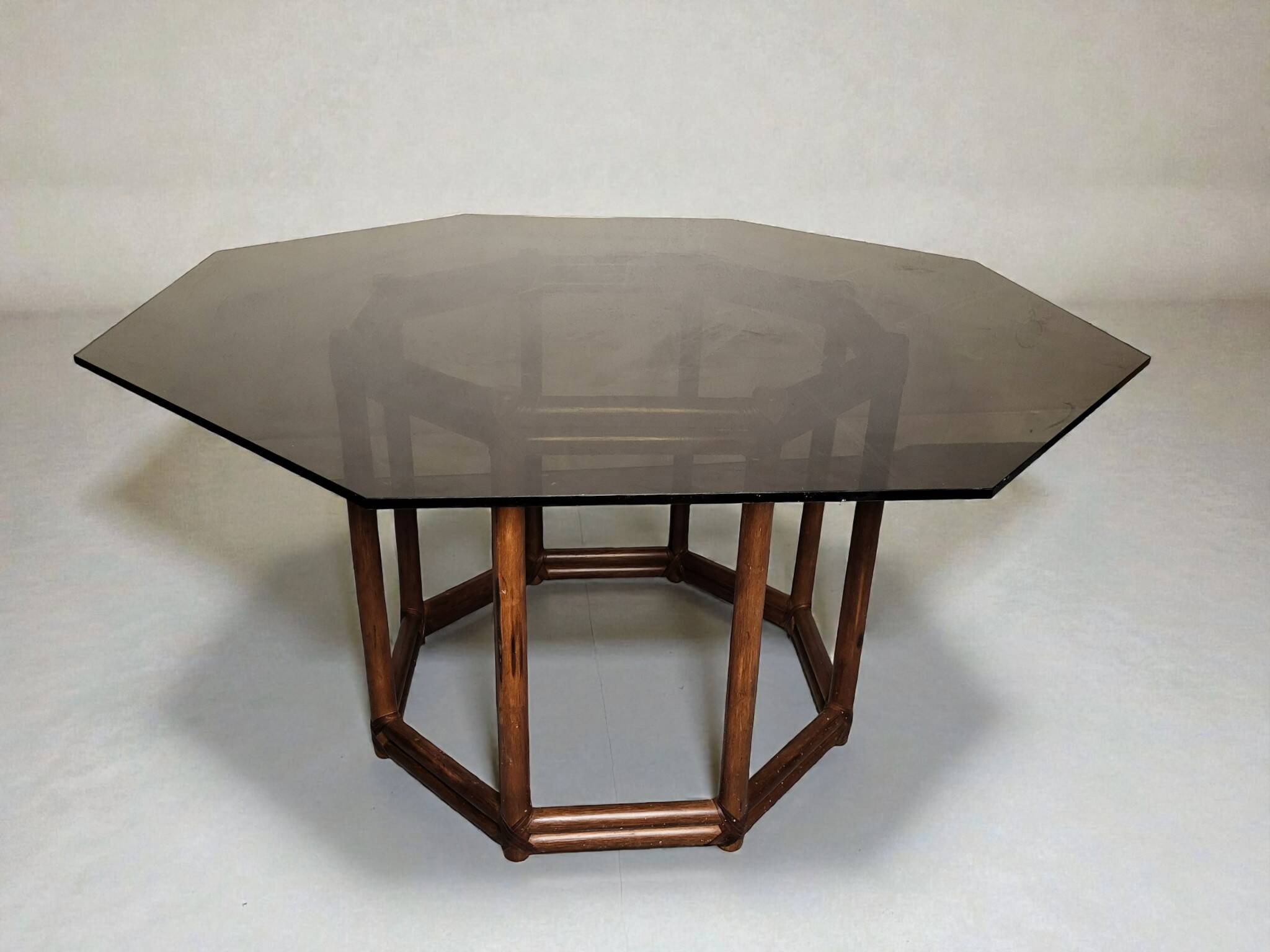 Bamboo-style wooden table with smoked glass top, 1970s
