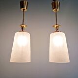 Pair of Mid Century Pendant Lights in Brass and Clear Crackle Glass, 1950s