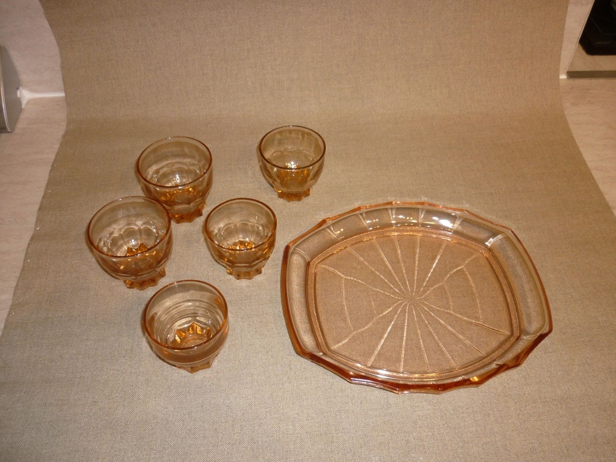 Rosé tray set and 5 art deco glasses