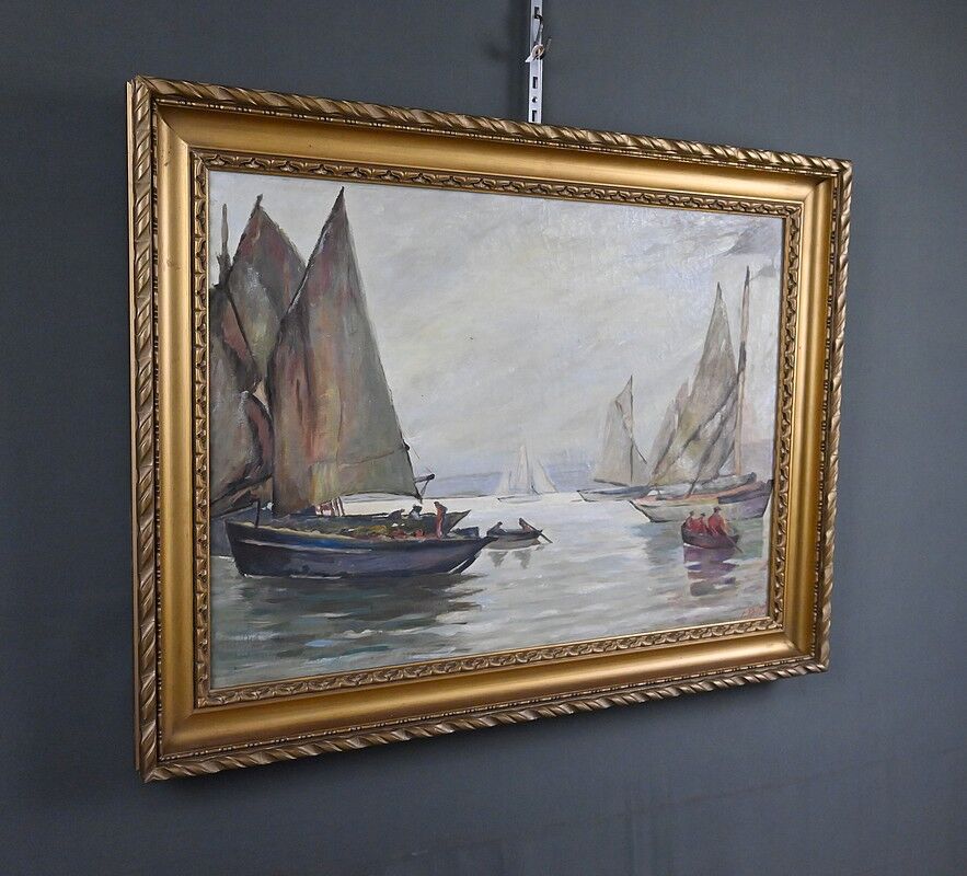 Painting "Sailboats on Calm Sea", oil on canvas, signed C. Bustad – 1928