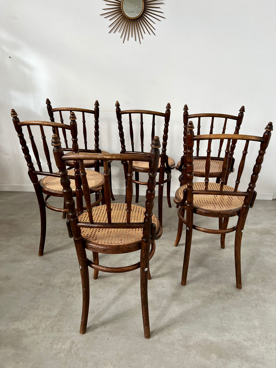 Lot 6 old vintage wooden bistro chairs brand Fischel early 20th century