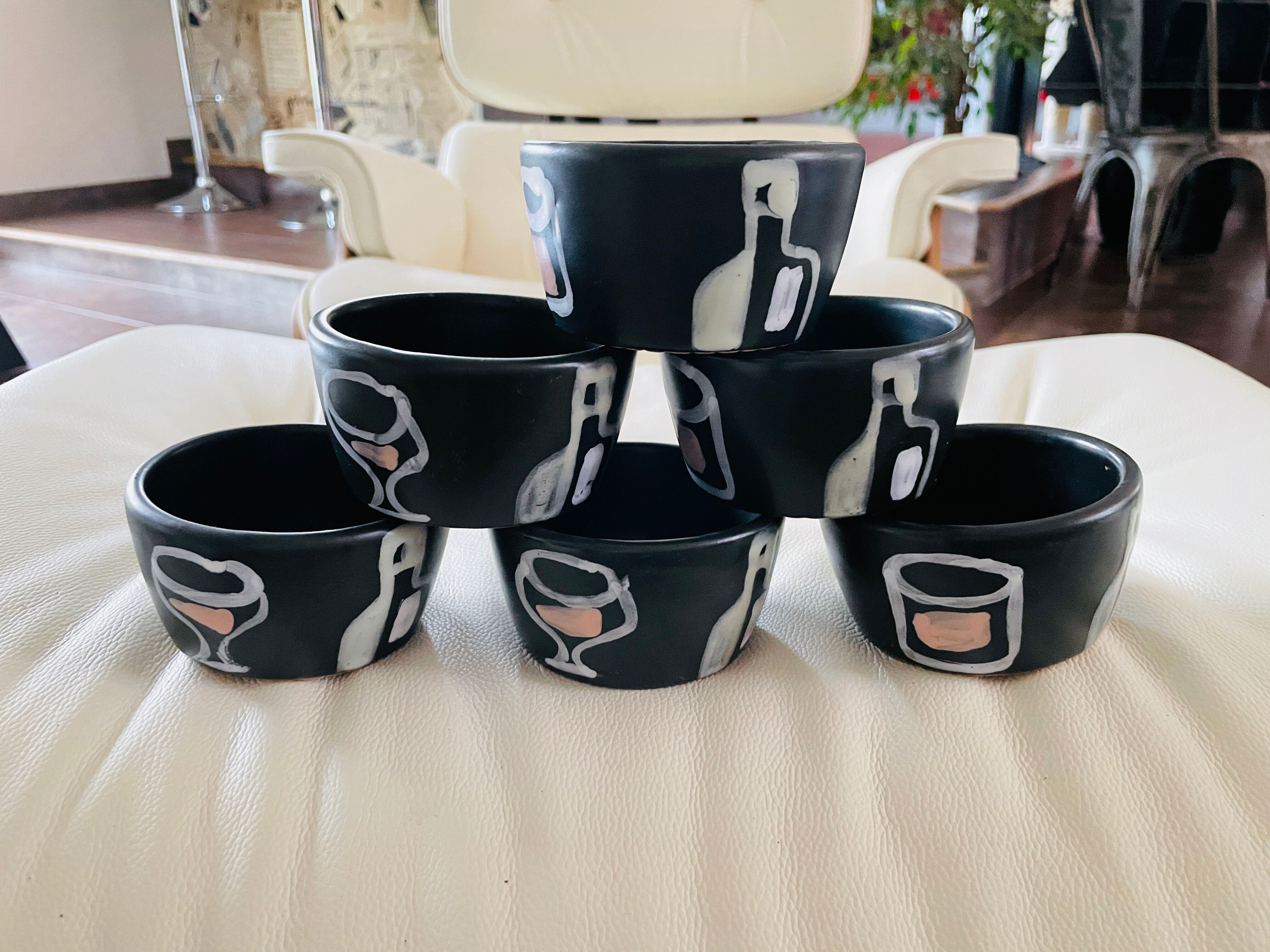 Set de 6 pots ramequins bols vintage céramique peinte 1960