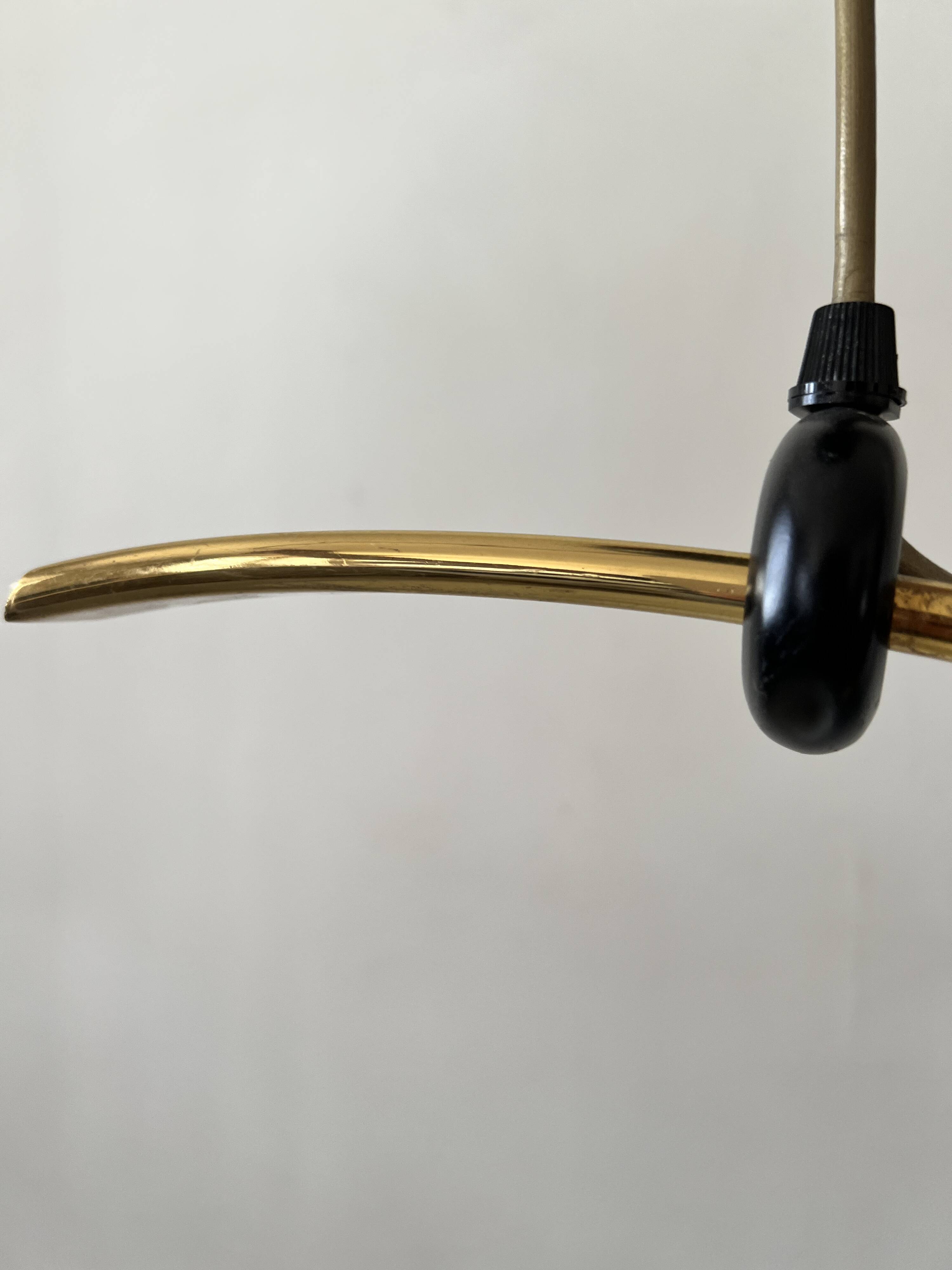 Black metal and brass arc pendant light "Les Activités" by Lucien Gau, Paris 1960