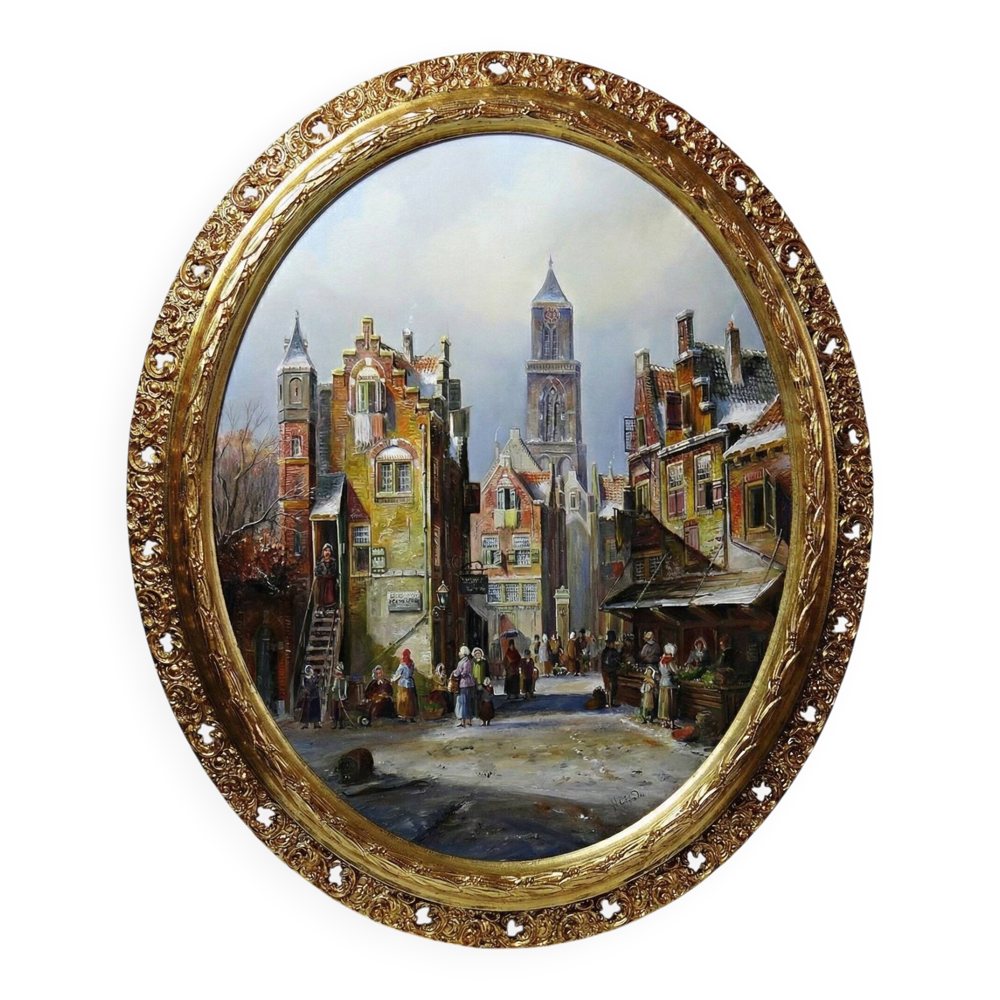 Large painting of an urban scene, oil on wood, framed, John Haanstra, vintage.