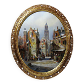 Large painting of an urban scene, oil on wood, framed, John Haanstra, vintage.