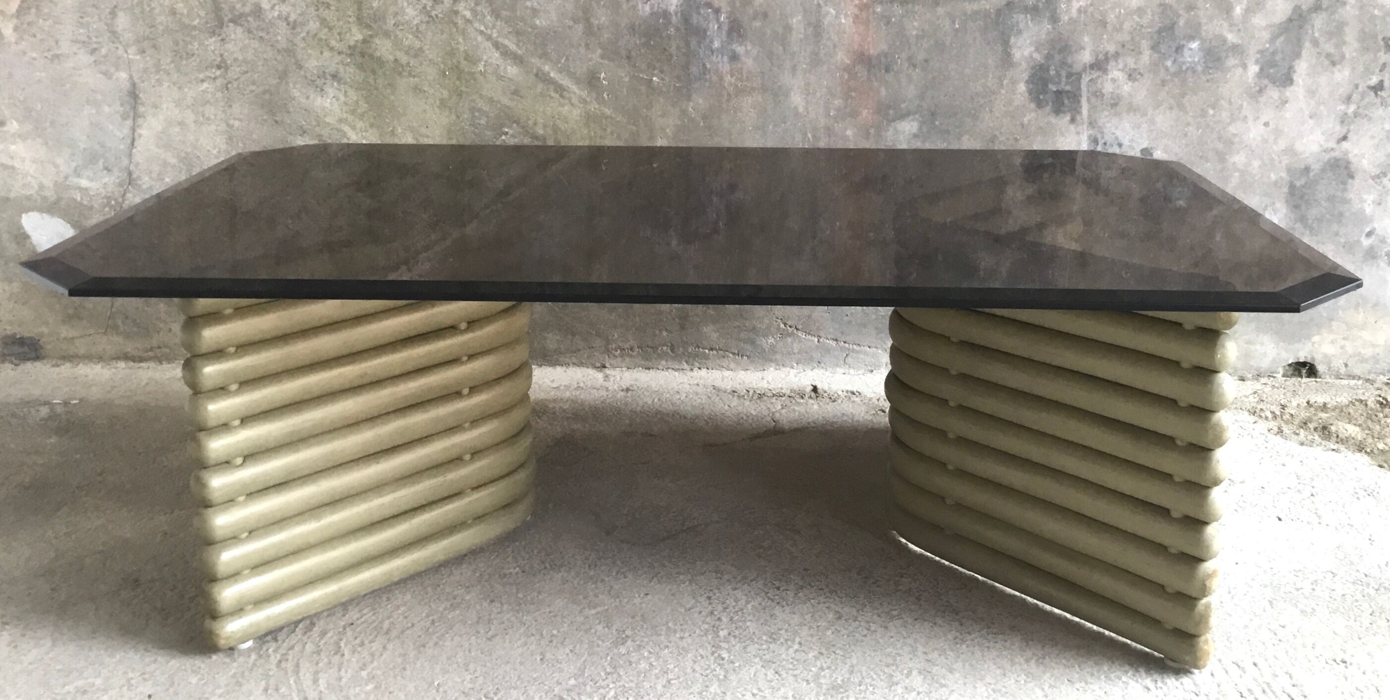 Coffee table smoked glass and wood Flecht workshop, Schütz, made in W Germany