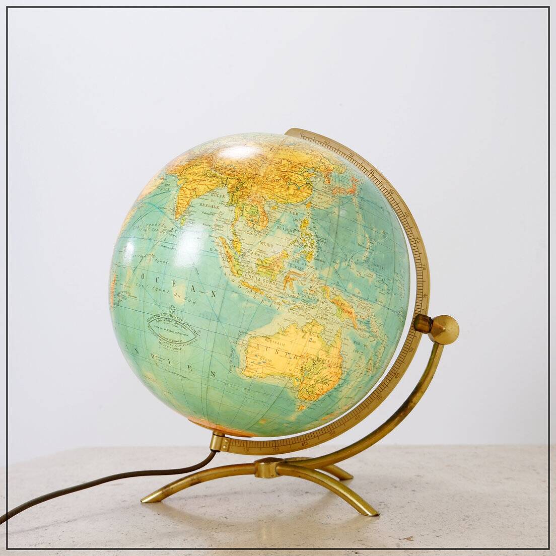 Glass & brass luminous world map by Paul Oestergaard for Colombus Verlag - 1950s