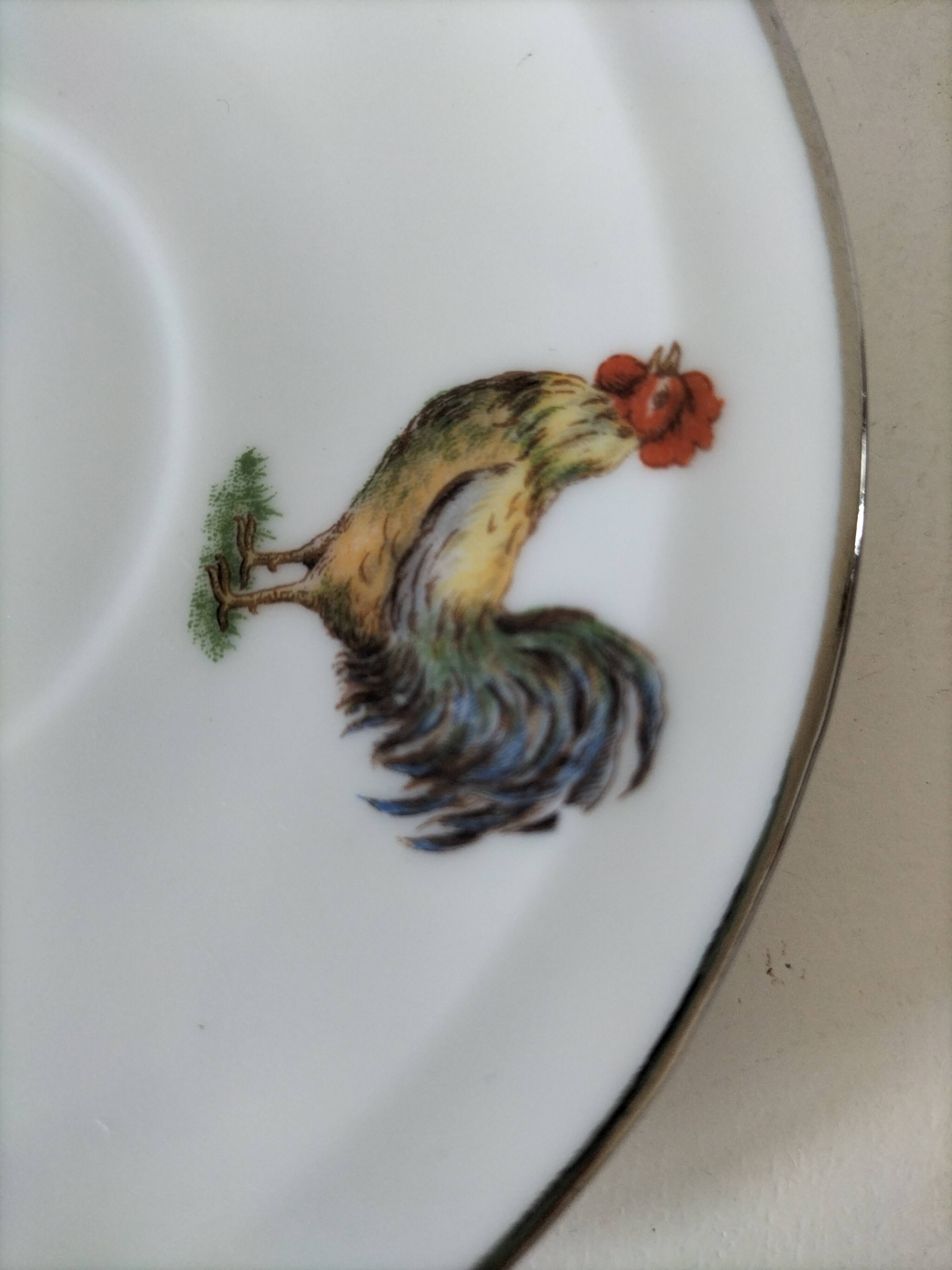 Cup and saucer in porcelain decorated with roosters and hens.