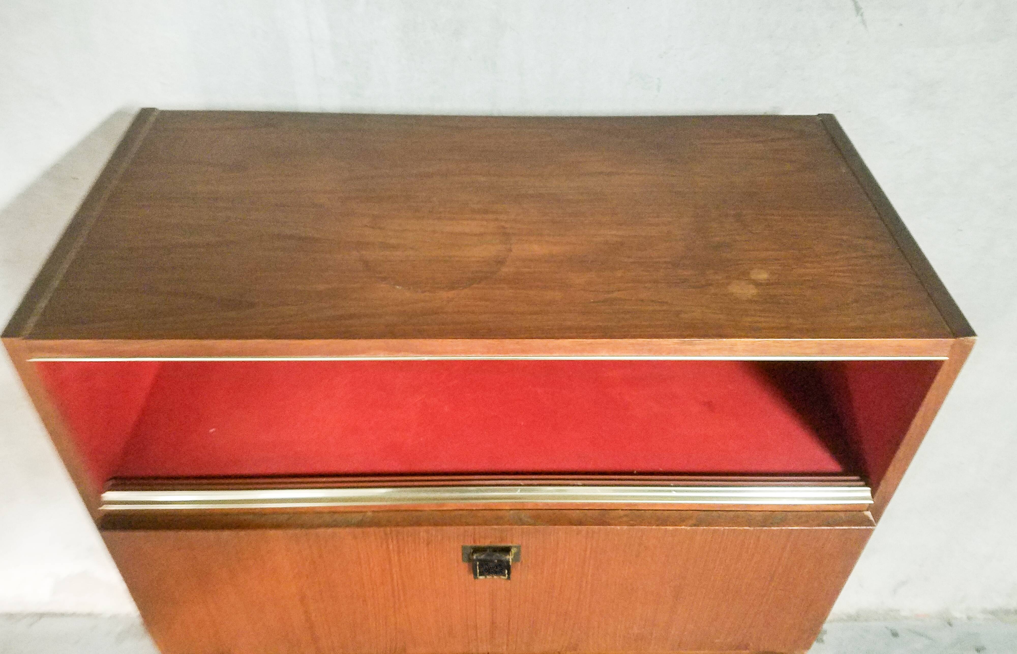 Teak bar cabinet and teak veneer, saddle leather and brass handles