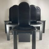 Post modern Memphis high back black leather stitched organic dining chairs, set of 6. Italy, 1980s