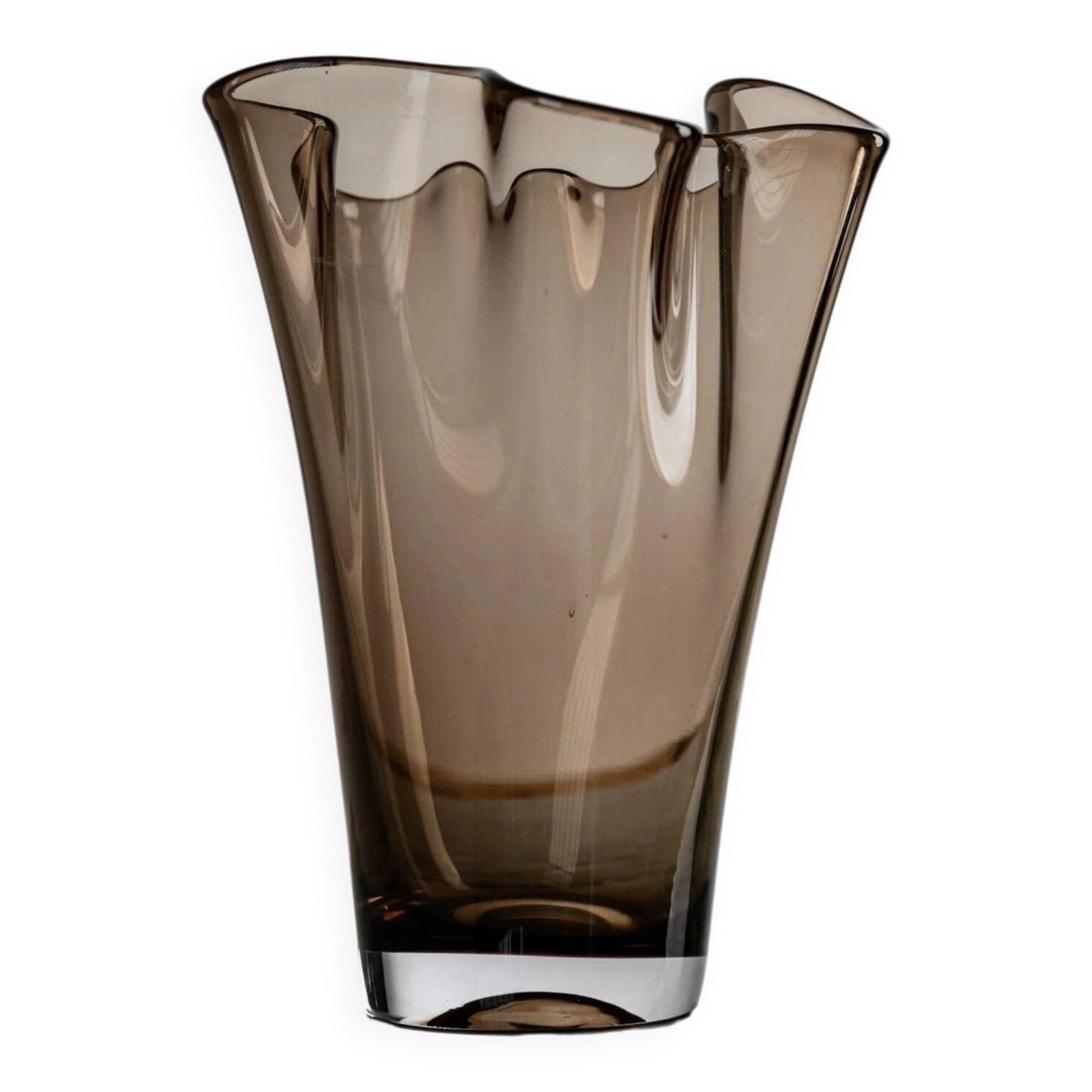 Vintage Murano glass vase from the 1980s, smoky brown, organically wavy shape.