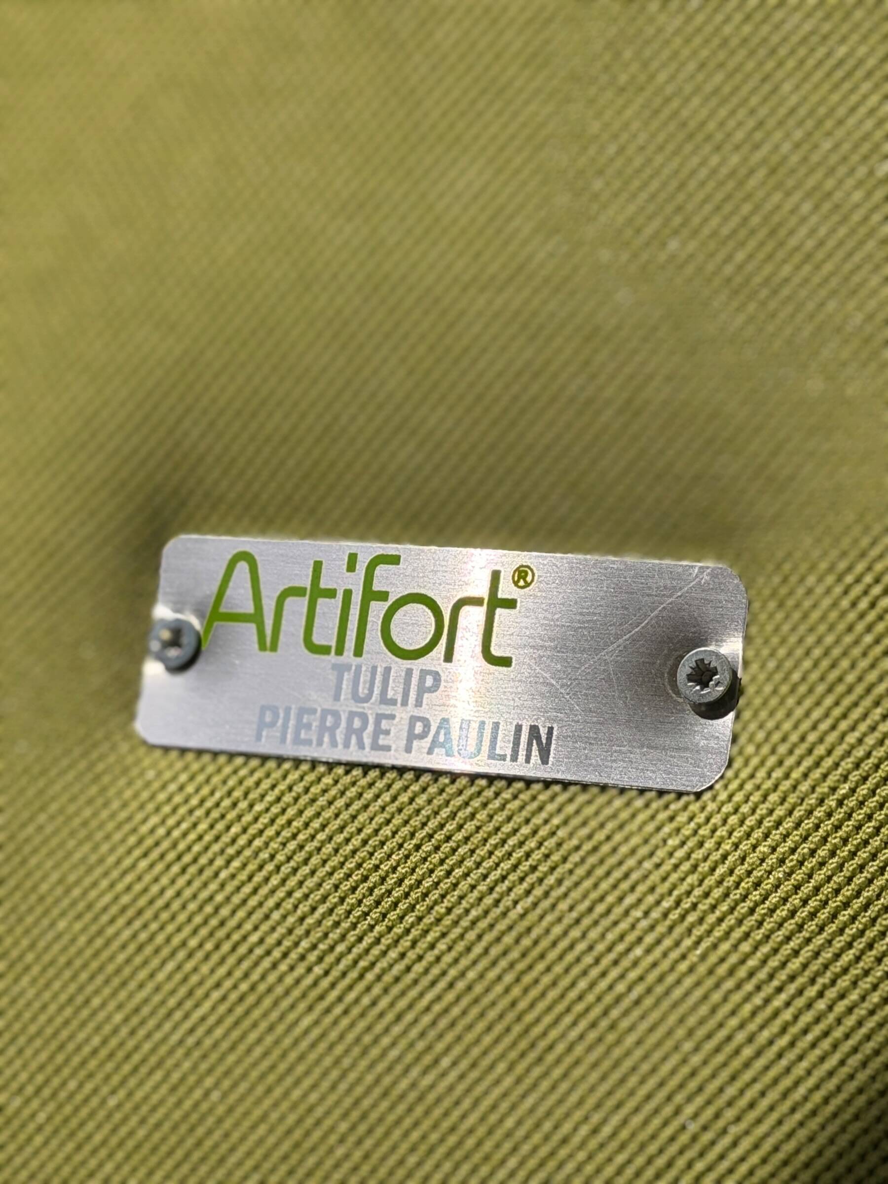 Pair of Little Tulip armchairs by Pierre Paulin for Artifort in green fabric.