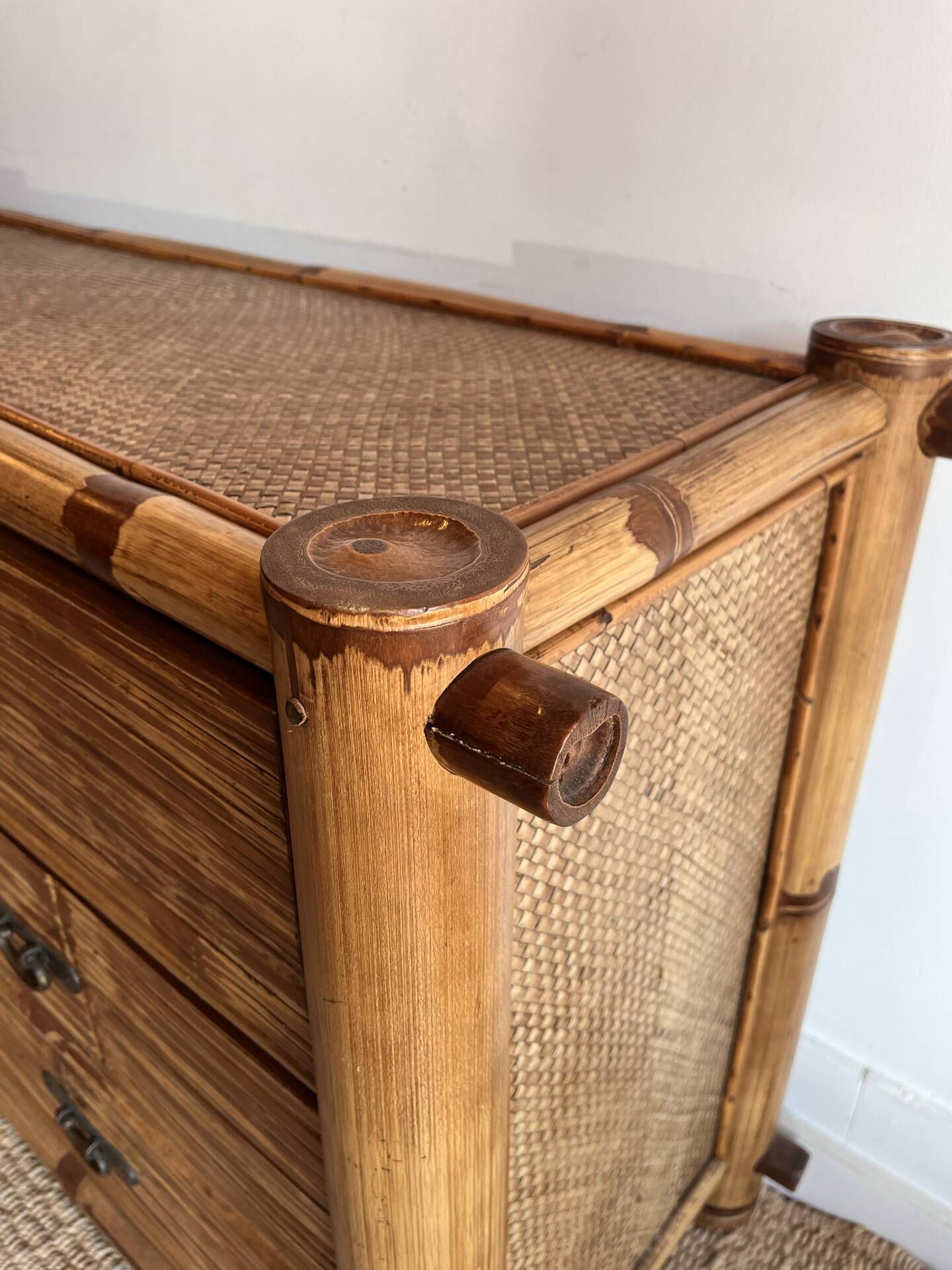 Commode sideboard vintage en bambou à 6 tiroirs,