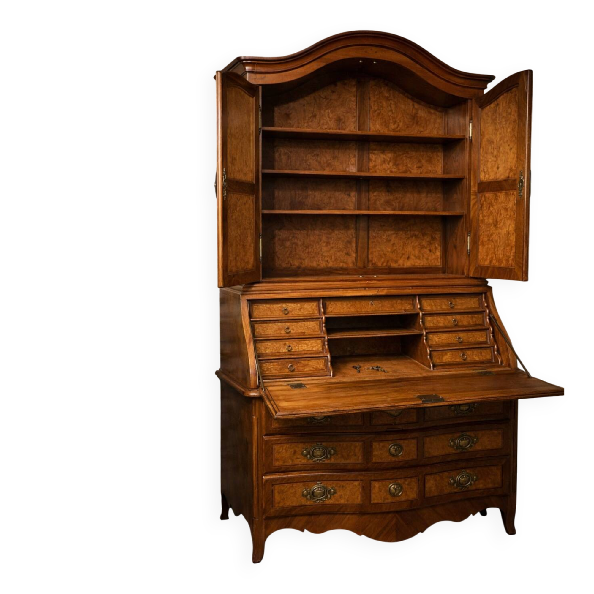 Secrétaire scriban en placage de ronce – travail ancien