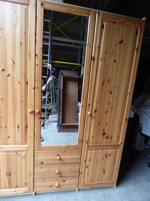 Wardrobe three doors, one with mirror, three drawers in solid pine wood