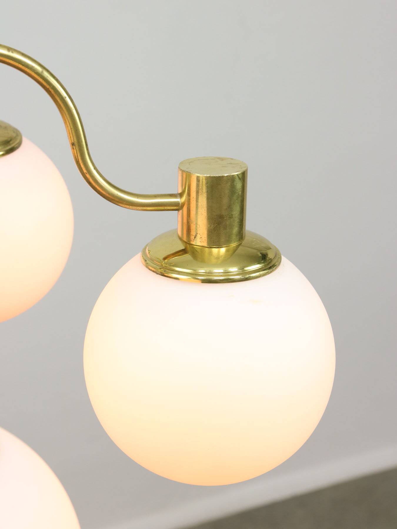 Italian Mid century Modern Chandelier in Brass and Opaline Glass, 1960s