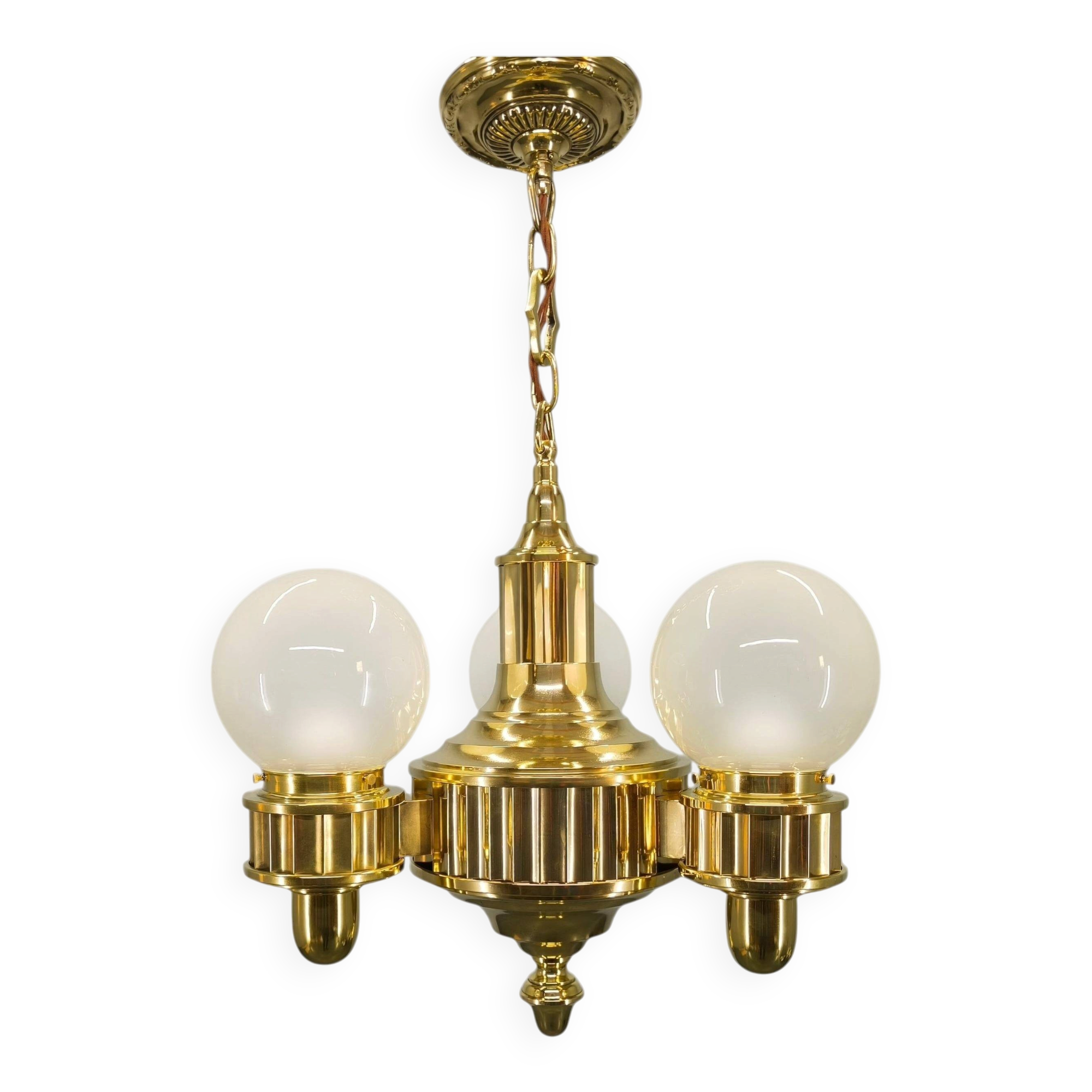 Art Deco Brass and Opaline Glass Chandelier, Czechoslovakia