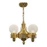 Chandelier Art Déco en laiton et verre opalin, Tchécoslovaquie