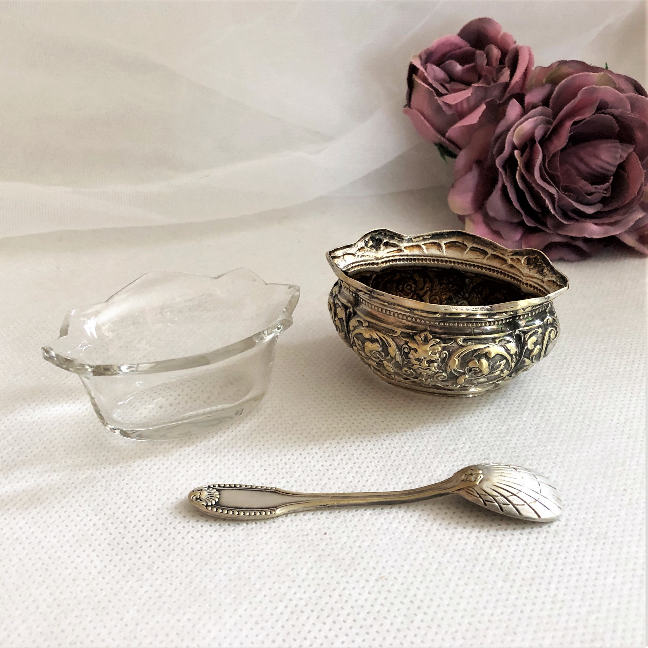 Silver metal salter and glass with salt shovel