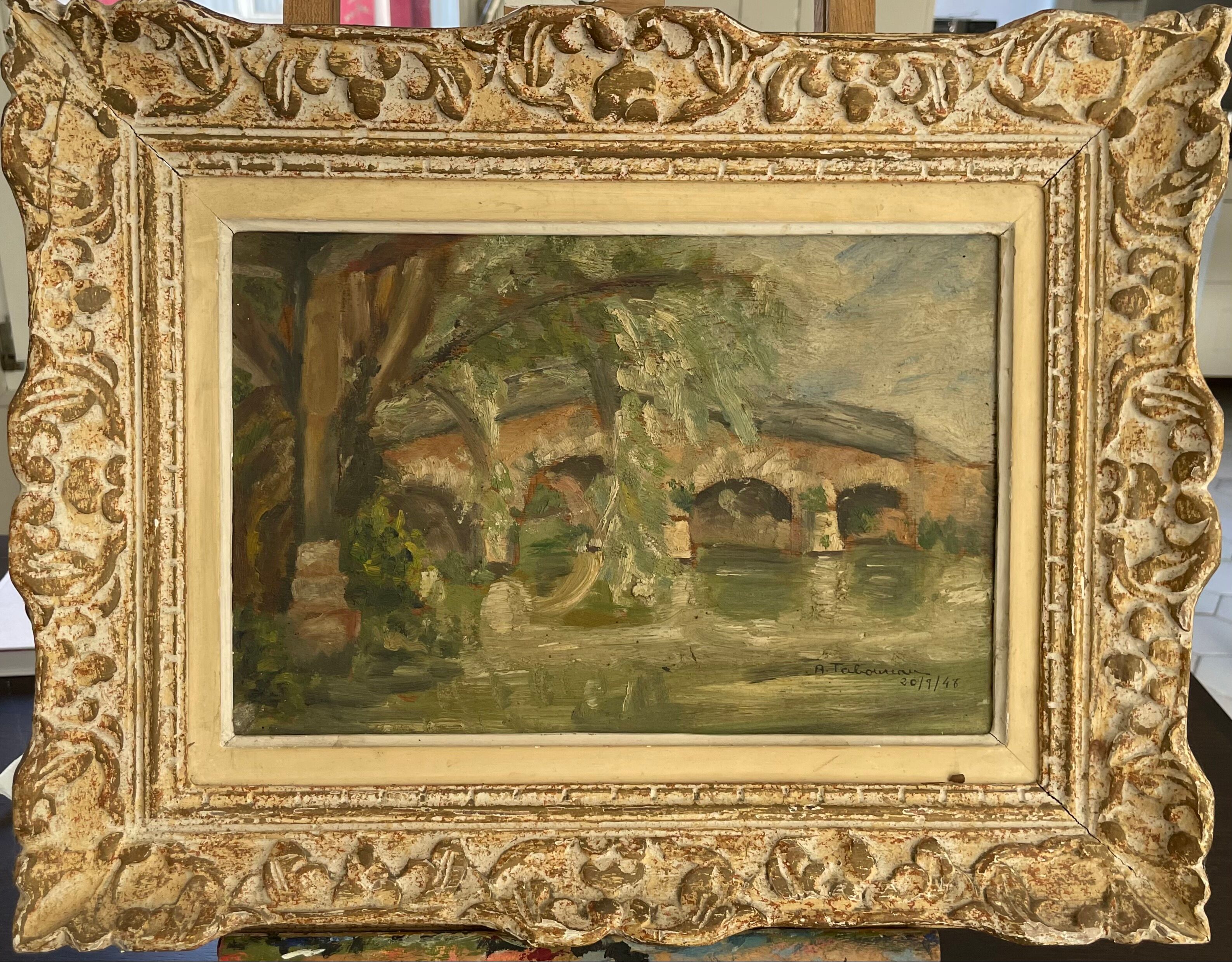 Painting old landscape painting bridge XXth A.Taboureau 1948