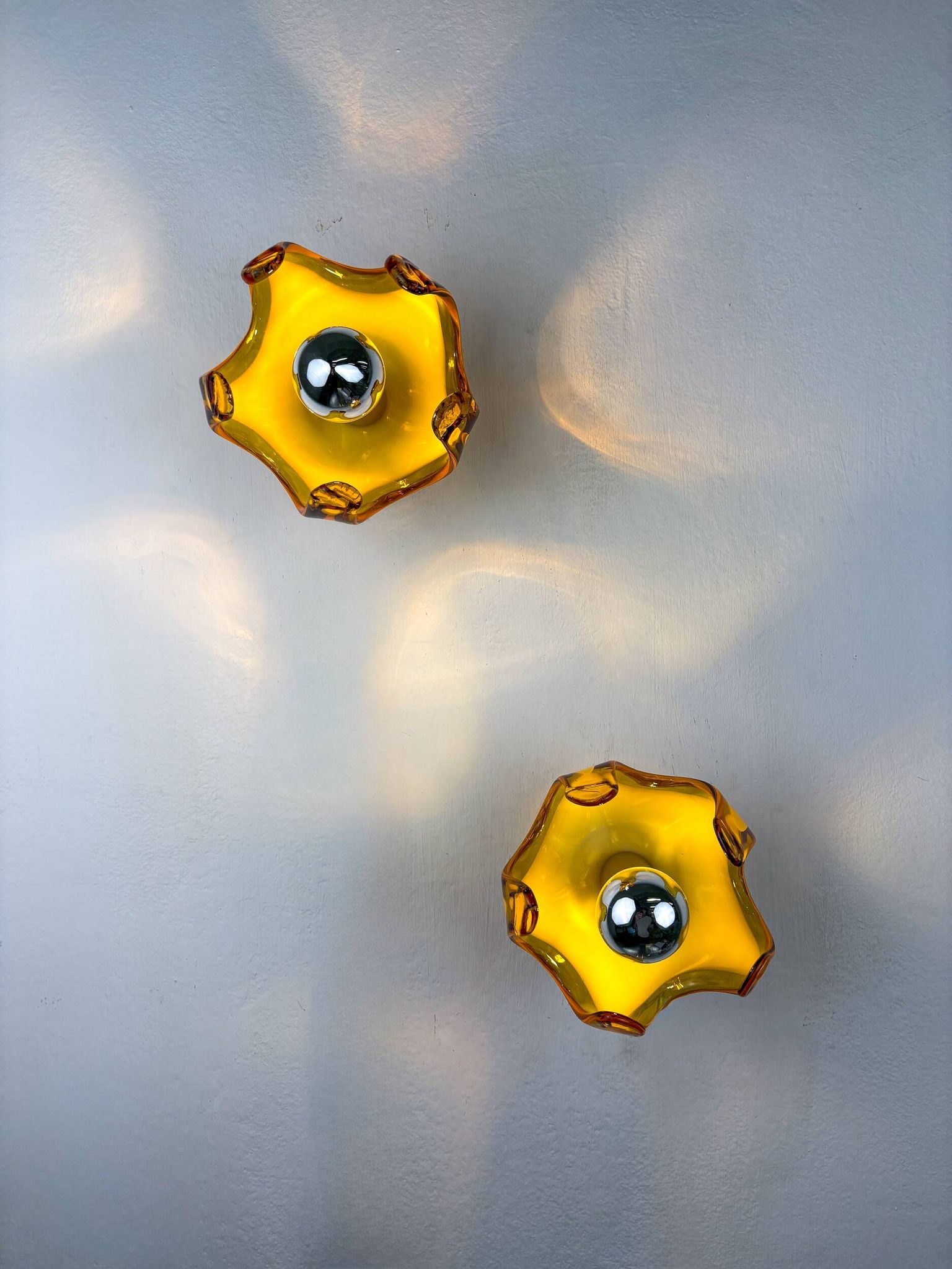 Pair of Carlo Nason wall lights for Mazzega Murano, blown Murano glass orange I